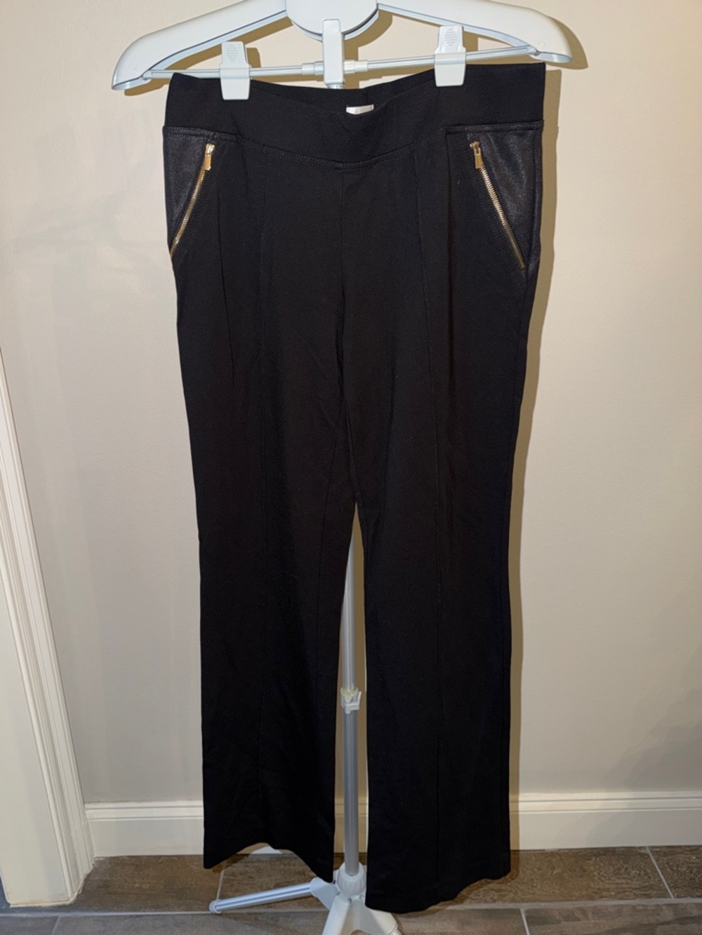 Cache Black Wide-Leg Pants with Gold Zip Pocket Trim